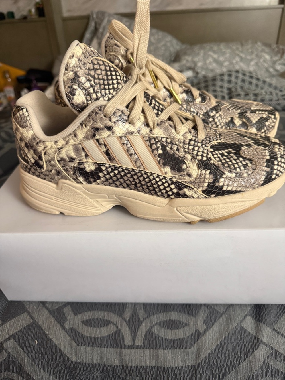 Adidas Yung-1 Men’s Snake-Print Chunky Sneakers in Beige and Black